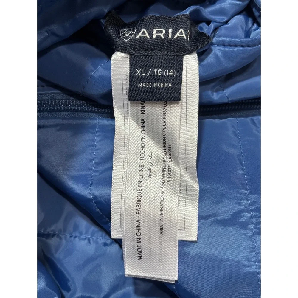 Ariat Reversible Puffer Vest Kids XL‎ 14 Blue Horse Polka Dot Print Quilted Zip